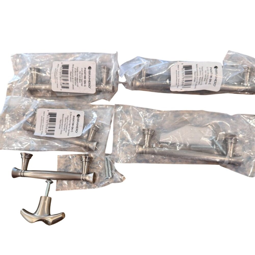 Brainerd Satin Nickel Drawer Pull & Knob Set of 6 Kitchen Hardware varied sizes